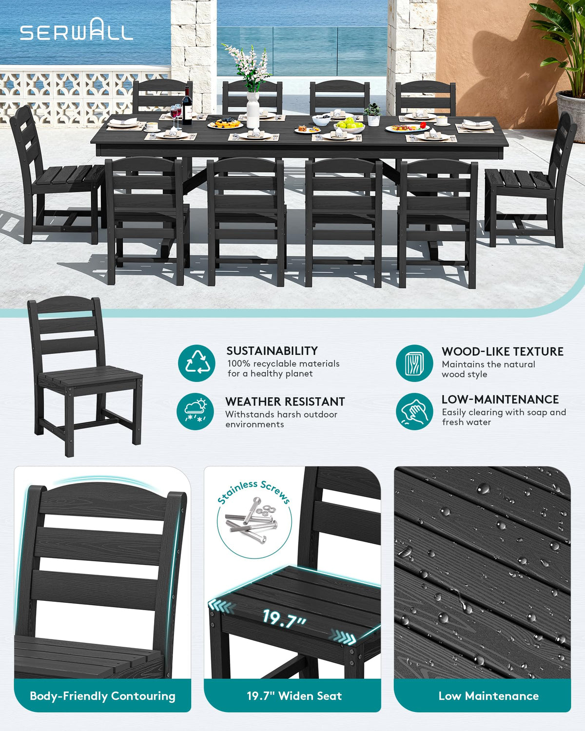SERWALL Outdoor Armless Dining Chairs Set of 4, All-Weather HDPE Patio Chair with 19.7" Widened Seat, for Backyard, Garden, Black