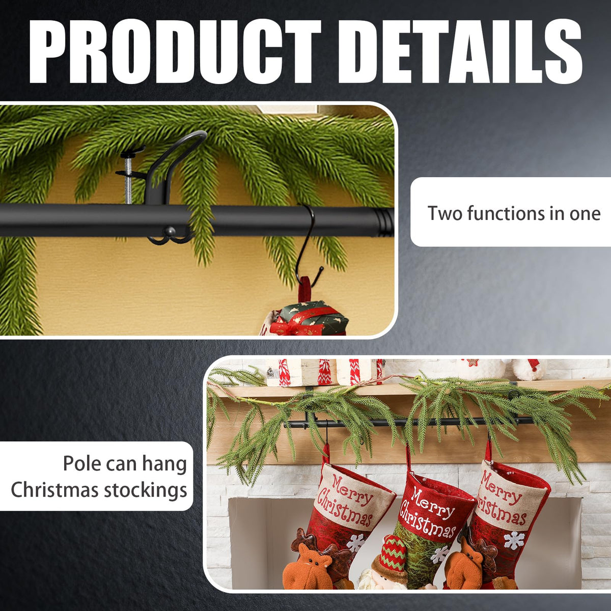 Hoolerry 10 Pcs 3 in 1 Christmas Stocking Garland Hanger for Mantle Fireplace Mantel Garland Hangers with Adjustable Tension Rods Hooks for Xmas Holiday Stocking Wreath Hanging Ornament (Small,Black)