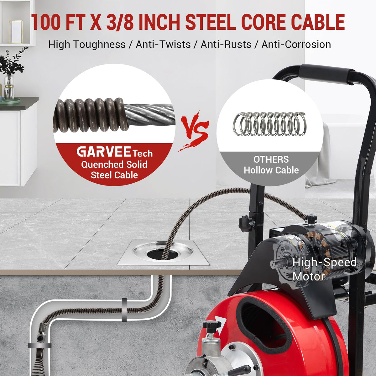 GarveeTech Auto Feed 100 ft x 3/8 in Drain Cleaner Machine with 250W Motor, Portable Sewer Snake Auger with 8 Cutters & Air-Activated Foot Switch, Fits 1 in to 4 in Pipes, Black & Red
