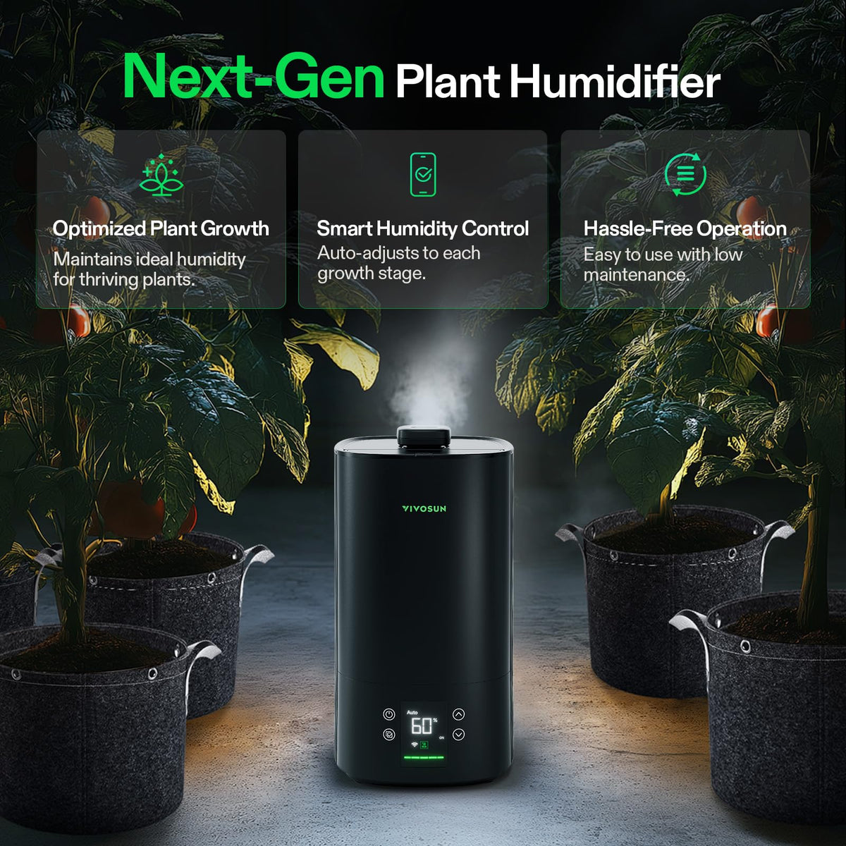 VIVOSUN AeroStream H05 Intelligent Wi-Fi Humidifier and S224 2x2 Grow Tent, 24"x24"x48" High Reflective Mylar with Observation Window and Floor Tray for Hydroponics Indoor Plant for VS1000