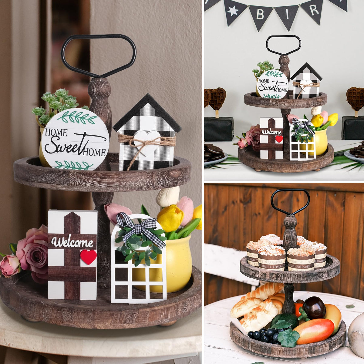 Mustry Rustic Wooden 2 Tiered Tray, Round Farmhouse Kitchen Table Decor Serving Tier Tray, Food Fruits Cupcake Display Coffee Bar Home Party Seasonal Decorations (Brown)
