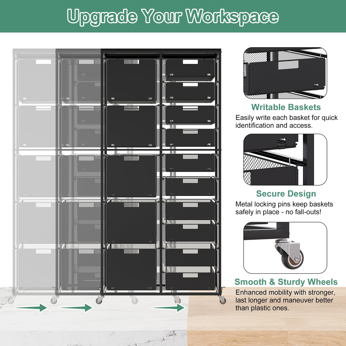 EasyPAG Rolling Storage Cart With 15 Drawers, Metal Craft Organizers And Storage Cart With Wood Tabletop, 30 Lbs Capacity Per Drawer For Home Office Classroom And Dorm, Black