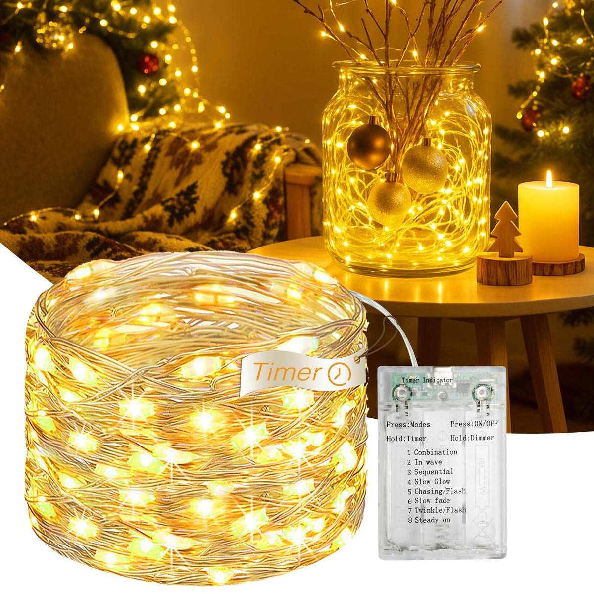 Fairdeer 16FT 50 LED Fairy Lights Battery Operated with Timer, 8 Modes USB Mini Twinkle Light, Small String Lights for Tree Wreath Vase Bedroom DIY Holiday Wedding Mothers Day Decorations-Warm White