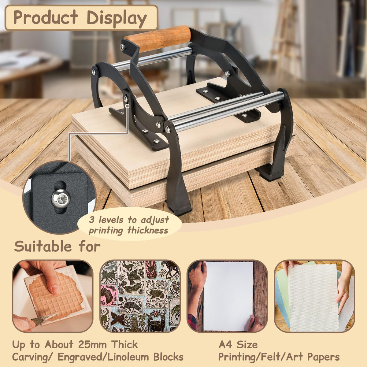 TOPOWN Linocut Printing Hand Lever Press Machine, Linocut Press Machine, Manual Hand Lever Printing Press for Linoleum Blocks with Felt Pad(fit up to 25mm Thick Blocks, A4, Black)