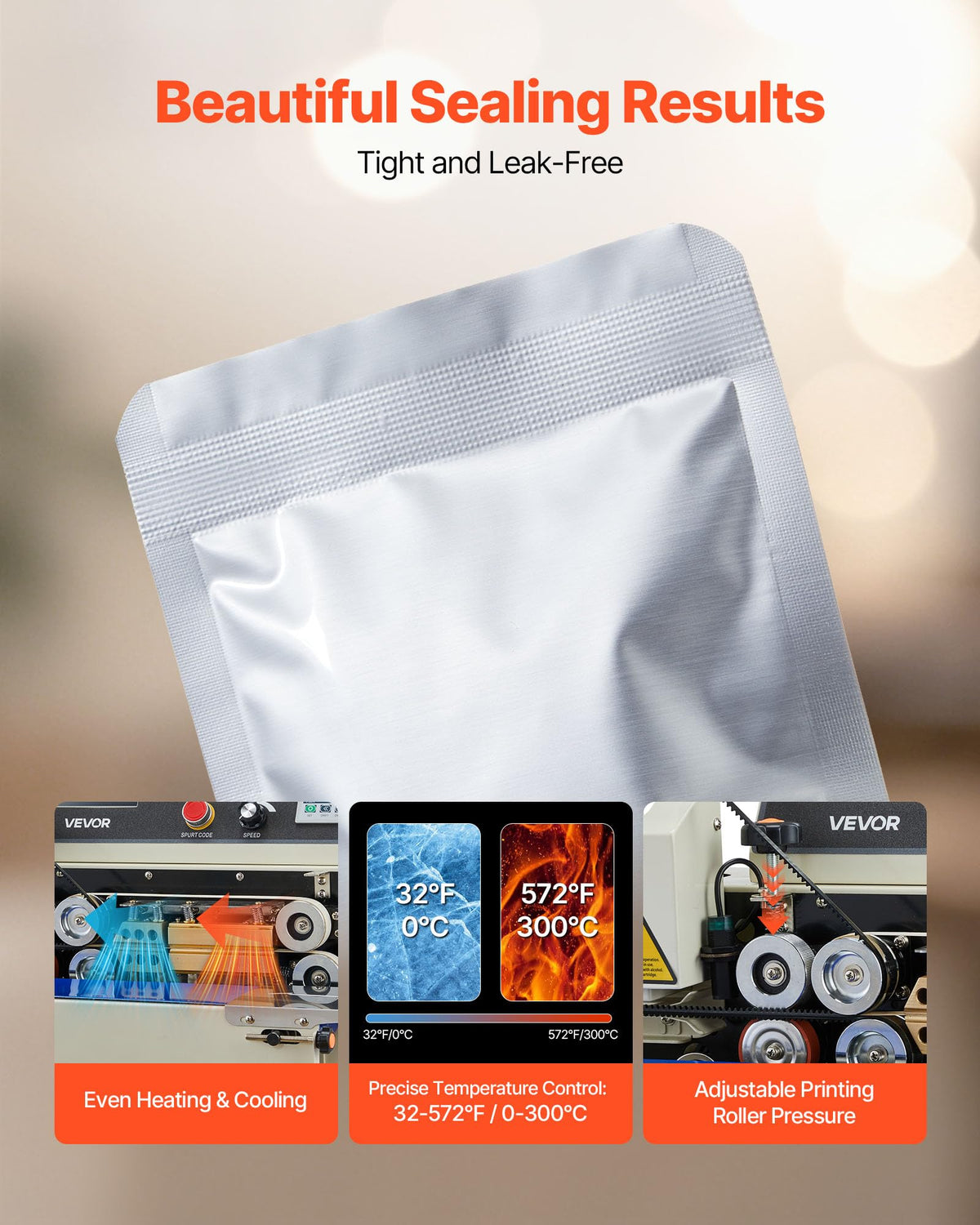 VEVOR Continuous Bag Band Sealing Machine, 0.24-0.47 in Seal Width, Horizontal Band Sealer Machine with Ink Printing, Temp & Speed Adjustable, Heat Sealing Machine for 0.001-0.03 in Plastic Bags