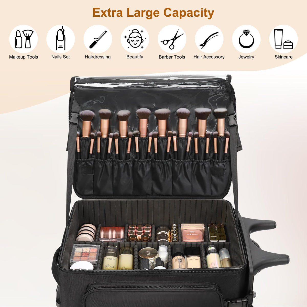 Relavel Rolling Makeup Case with Large Brush Bag, Professional Make Up Travel Organizer Bag with 2 big Wheels, Lockable Makeup Backpack with Adjustable Dividers for Makeup Artist - Black