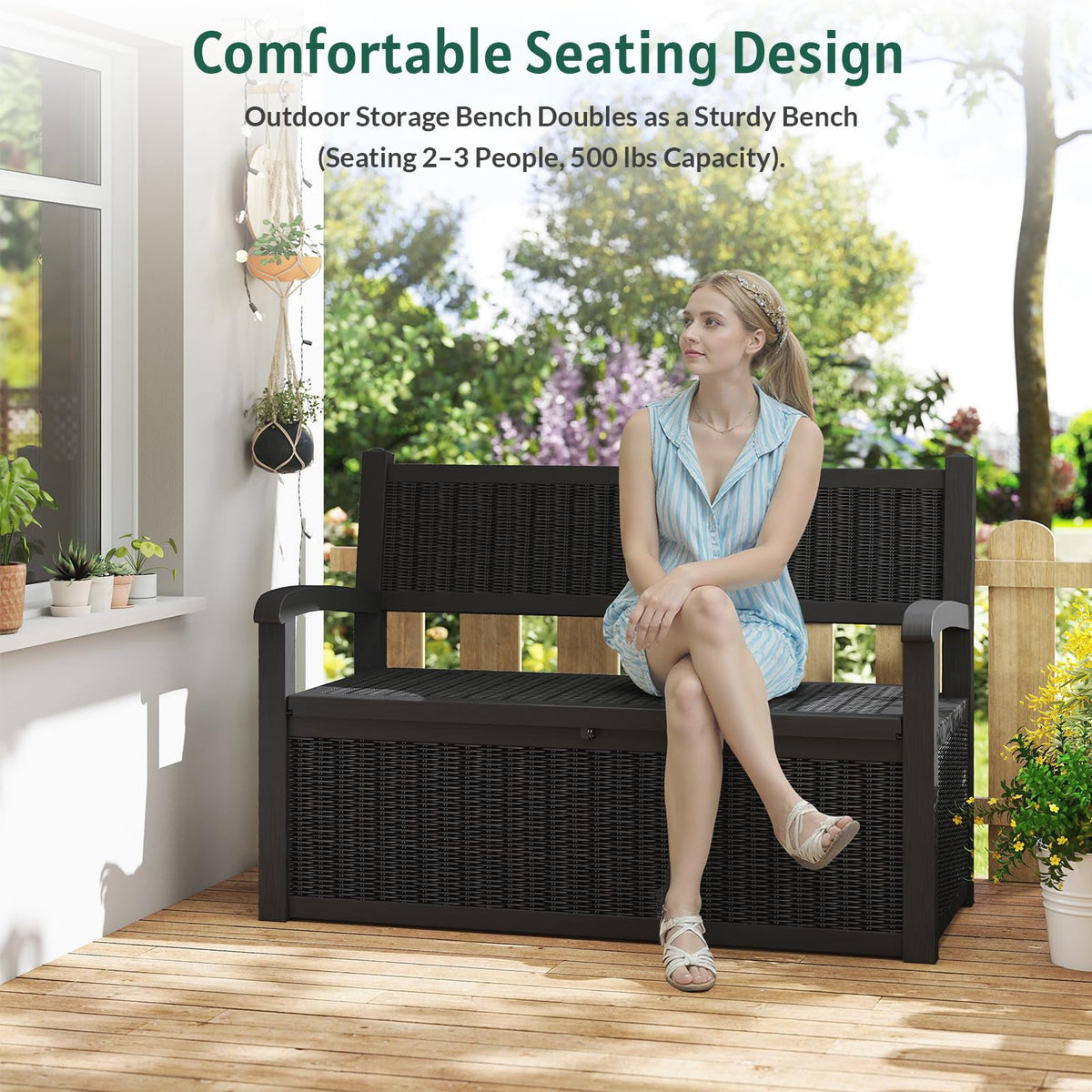 Skepphlay 70 Gallon Outdoor Storage Bench, Deck Box Bench with Armrest, Lockable Outside Benches with Storage, Deck Boxes Waterproof for Pool Patio Garden (Black)