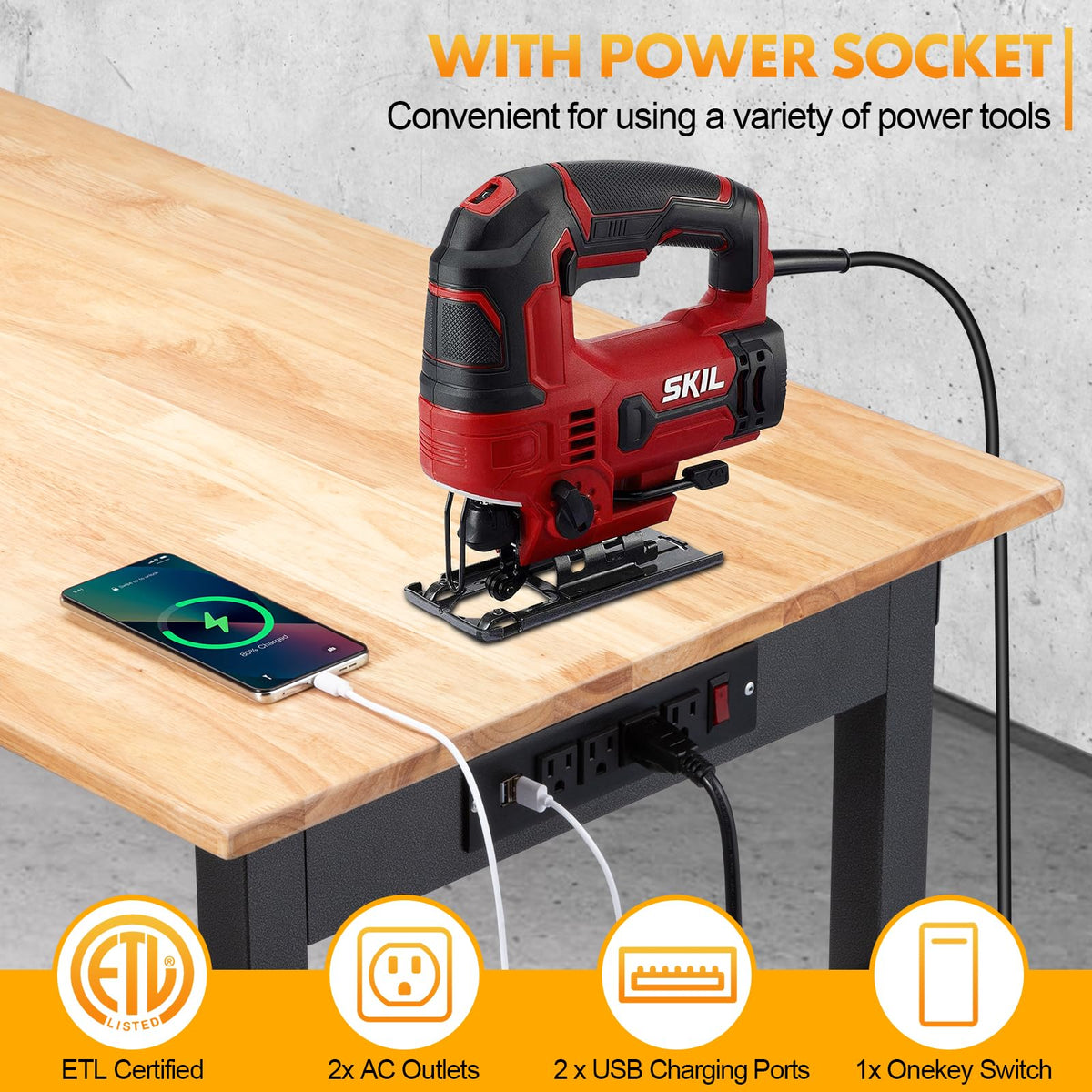 GVGBUK 48" Height Adjustable Workbench, 2000 LBS Load Capacity Rubber Wood Top Workstation, Heavy-Duty Hardwood Worktable for Garage Workshop (with Wheels and Socket,48'')