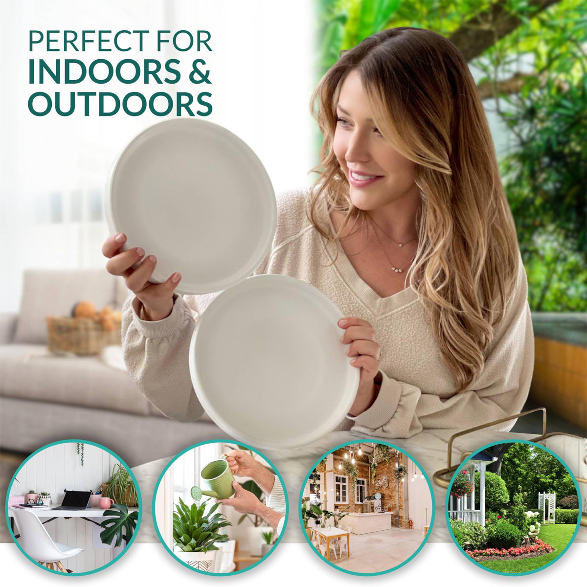 Willowy 2 Pack 9 Inch Matte White Ceramic Plant Drainage Trays, Indoor Use