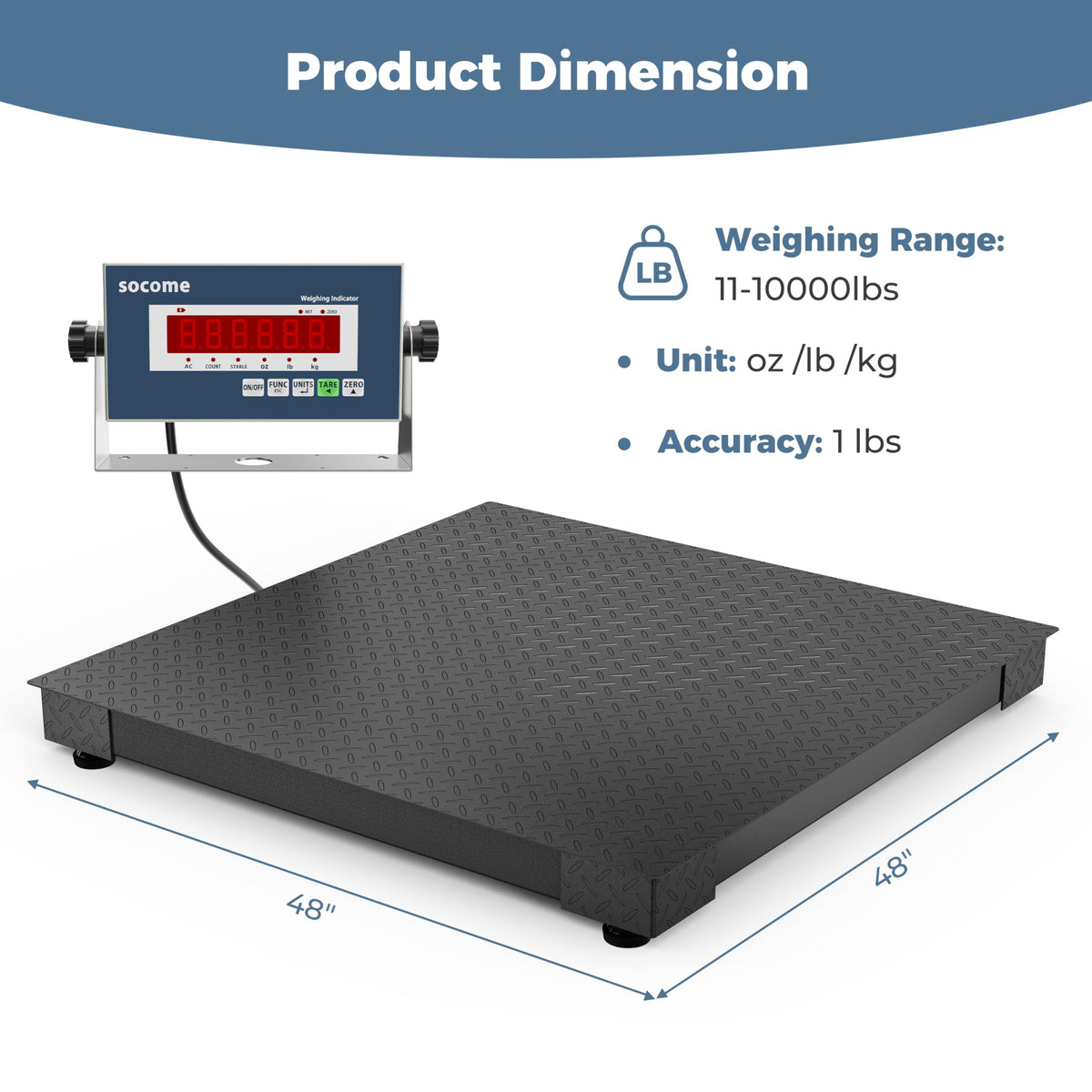SOCOME 48"x48" Industrial Floor Scale, Professional Platform Scale with Digital Indicator, Weighing Scale for Warehouse Shipping and Industrial Use, 10000 lb x 1 lb, Black