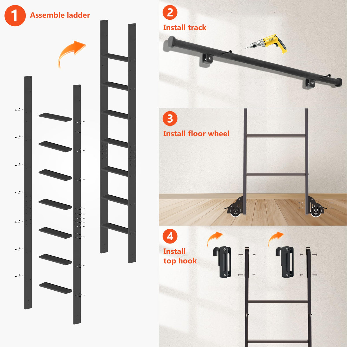 87" Sliding Library Ladder, Black +12FT Rolling Track Kit