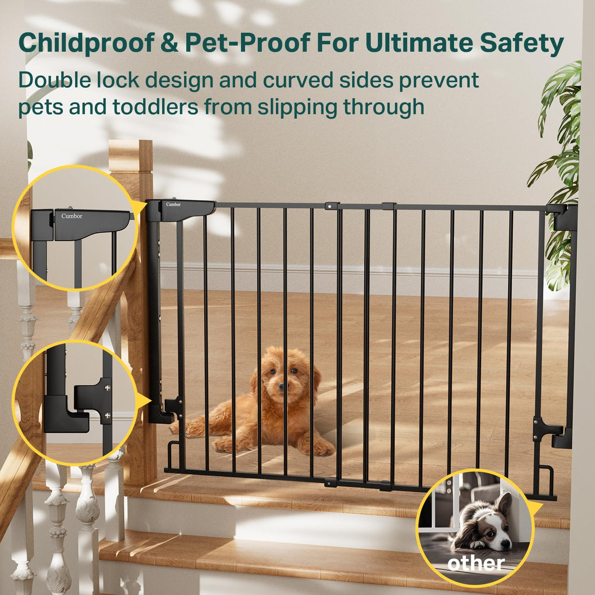 Cumbor 29.2–43" Baby Gate for Stairs, Hardware Mounted (Drill Required), Expandable No Bottom Bar Dog Gate, Auto Close Extra Wide Walk Thru, Pet & Toddler Proof Gate, Top & Bottom of Stairways(Black)