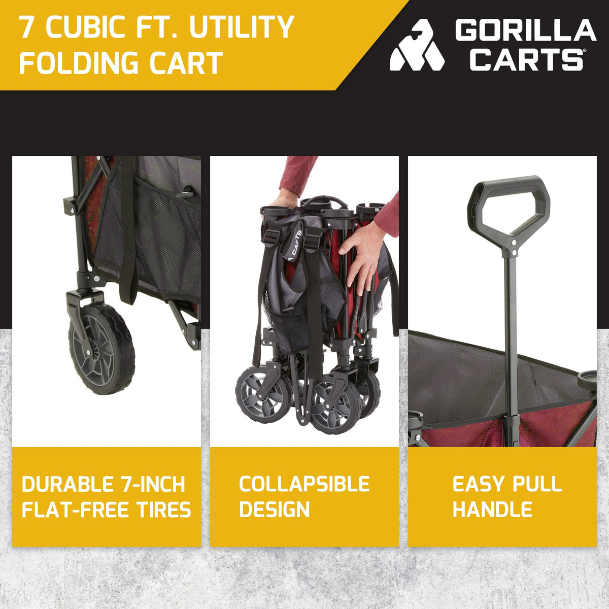 Gorilla Carts Collapsible Folding Outdoor Utility Wagon, 7 Cu Ft Oversized Bed, 150 lb Load Rating, Red – Foldable Rolling Cart w/ Pockets & Cup Holders for Beach, Camping, Sports or Picnic