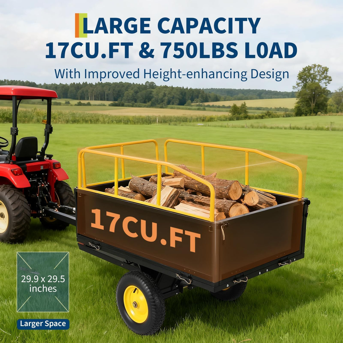 Heavy Duty ATV Trailer Tow Behind Dump Cart, 17 Cu.Ft. 750lbs Capacity, Pull Behind Steel Yard Wagon Dump Trailer for Tractor Lawn Mower Garden