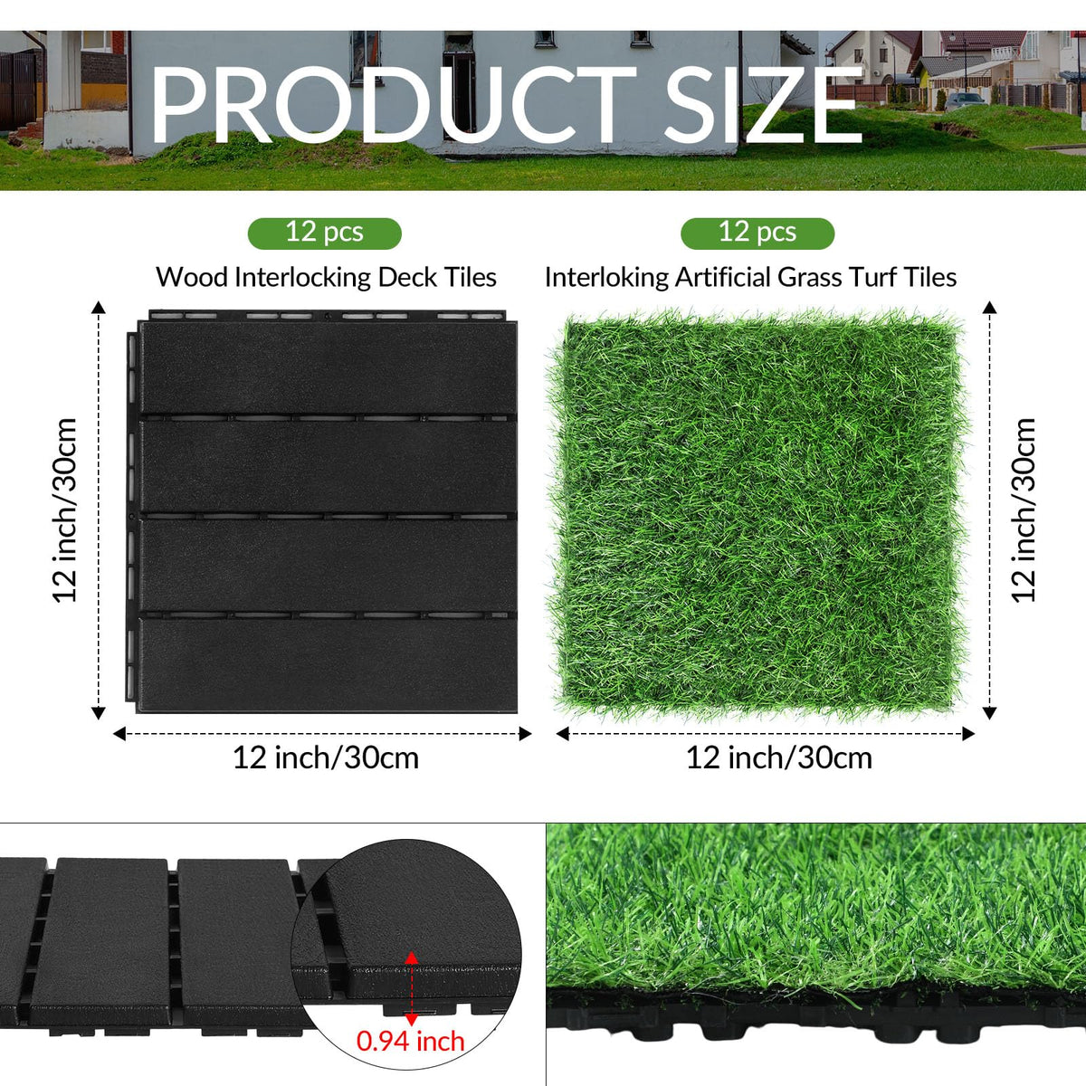 Treela 48 Pcs 12"x12" Plastic Interlocking Deck Tiles and Artificial Grass Tiles Waterproof Patio Balcony Flooring Covers 46.5 Sq. ft for Balcony Patio Deck Flooring Decor