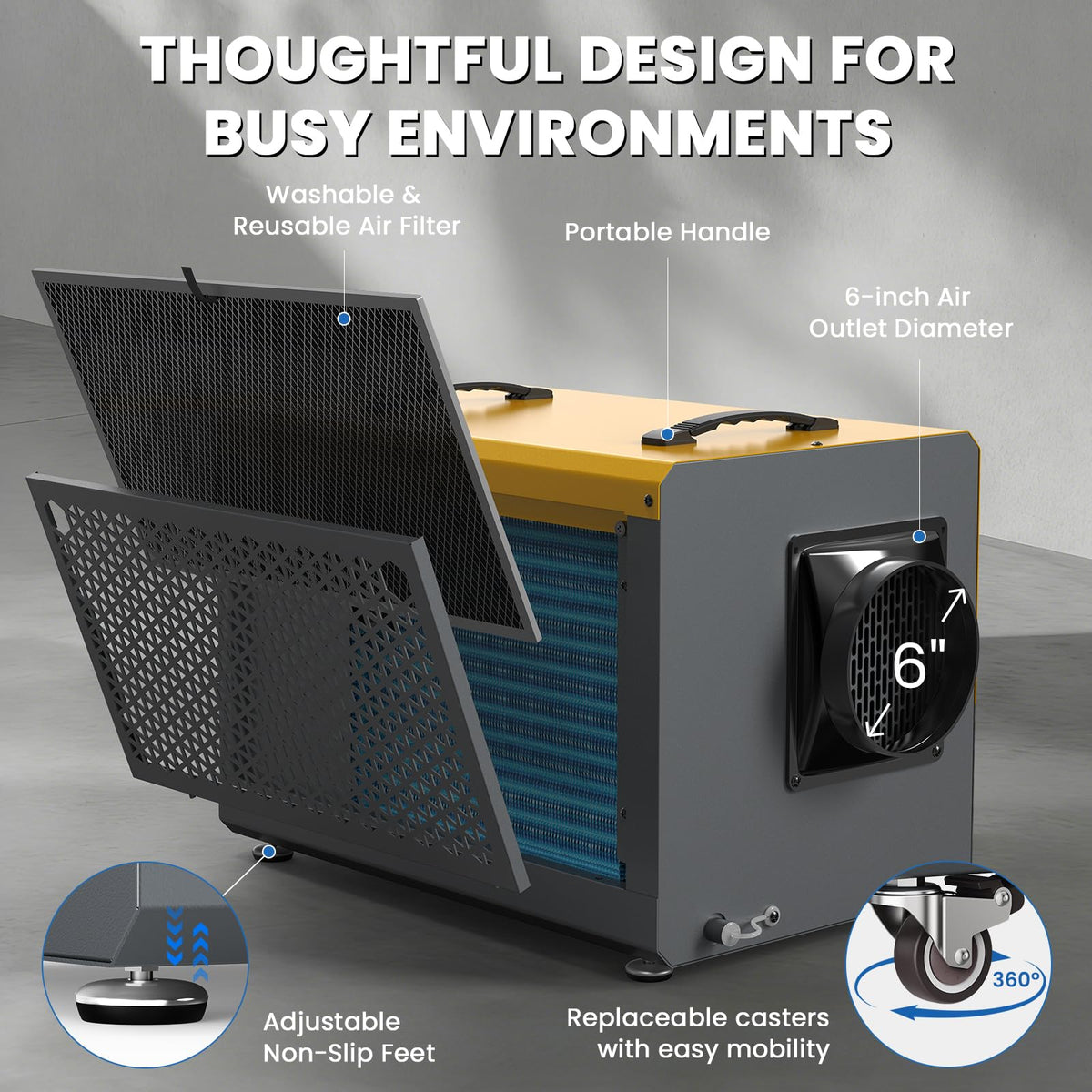 145 Pints Commercial Dehumidifier with Pump & Drain Hose for Crawl Spaces, Basement, Industry Water Damage Unit, Up to 6000 Sq Ft, Automatic Defrost, Adjustable Humidity Control, Compact, Portable