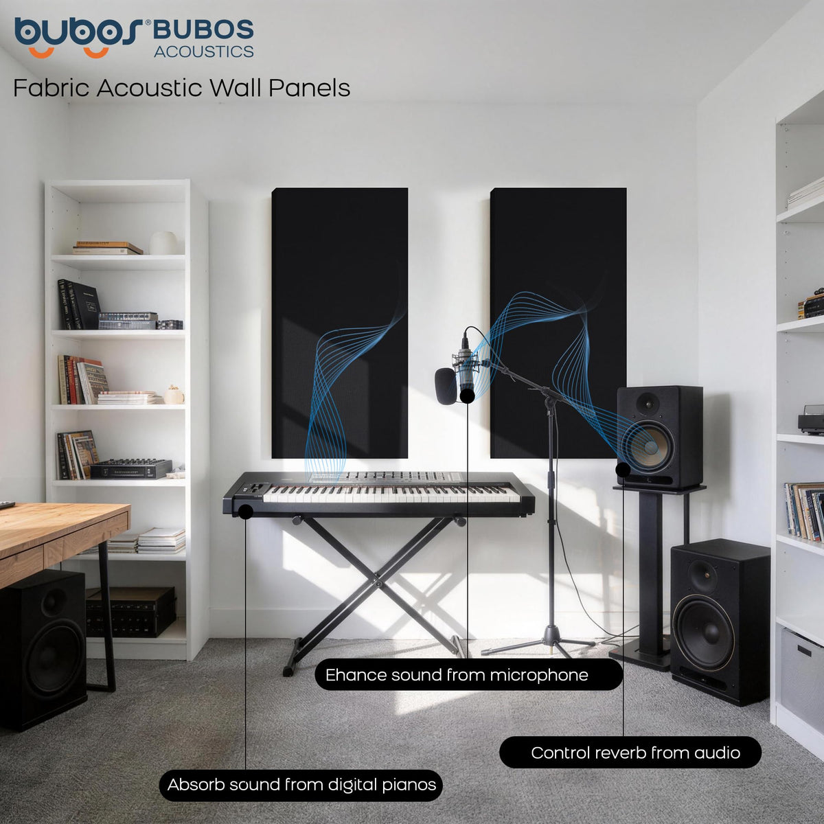 BUBOS 2-Pack Fabric Acoustic Panels with Hanging Hardware, 47.2" x 23.6" x 2" Large Soundproofing Wall Panels, High-Density Sound Absorbing Decor for Home Theater, Studio & Office,Balck