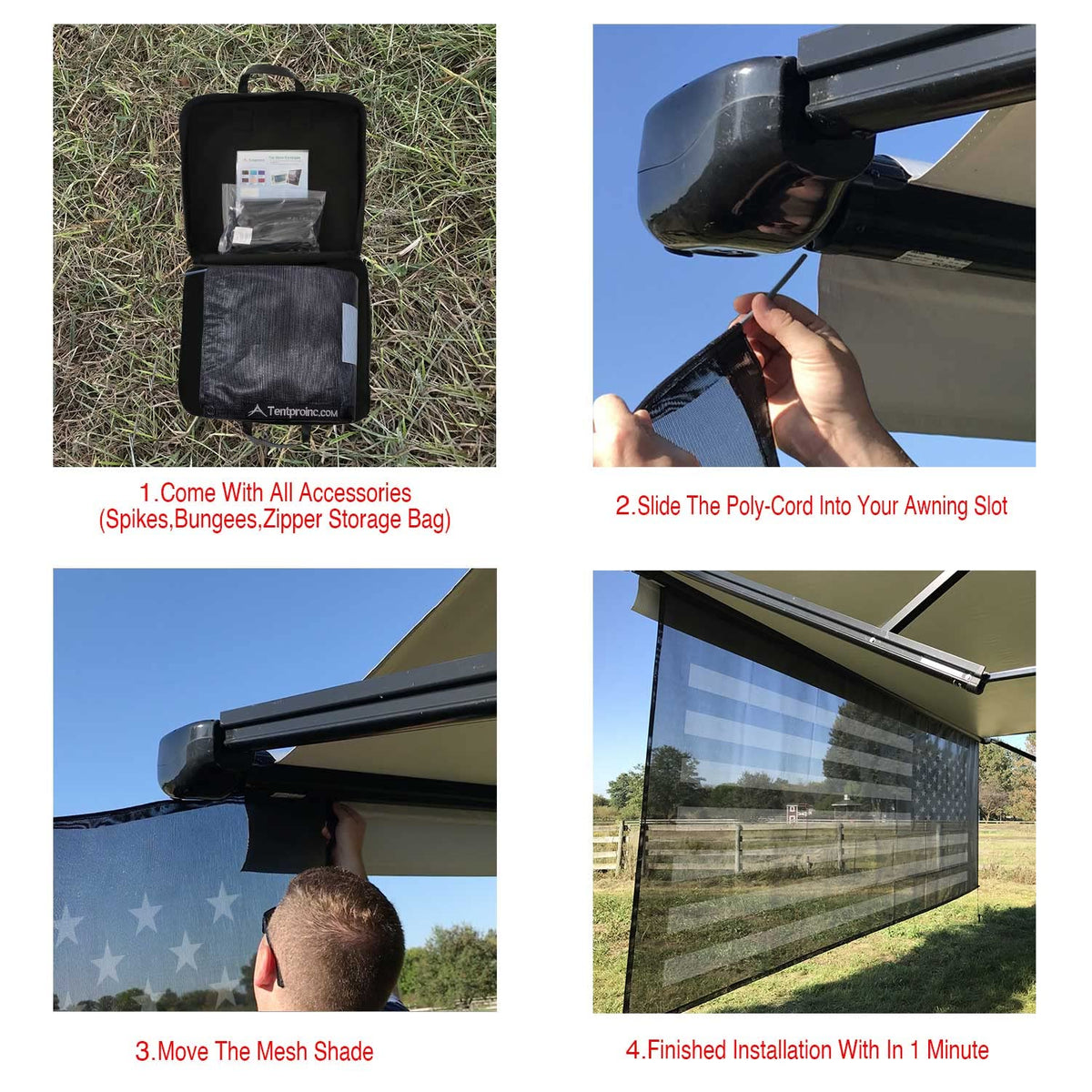 Tentproinc RV Awning Sun Shade Screen 8' X 13' 3'' (American Flag) Black Mesh Sunshade Camper Trailer Awning Shade Screen UV Blocker Completed Kits