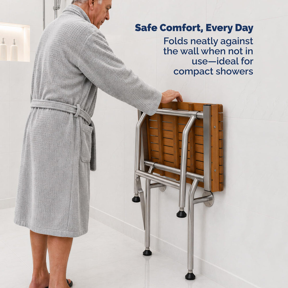 Teak Shower Seat Bench with Drop Down Legs – ADA Compliant Folding Teak Shower Bench, Wall Mounted Fold Up Bath Seat, 400 lb Capacity, Waterproof Teak Wood (18 Inches)