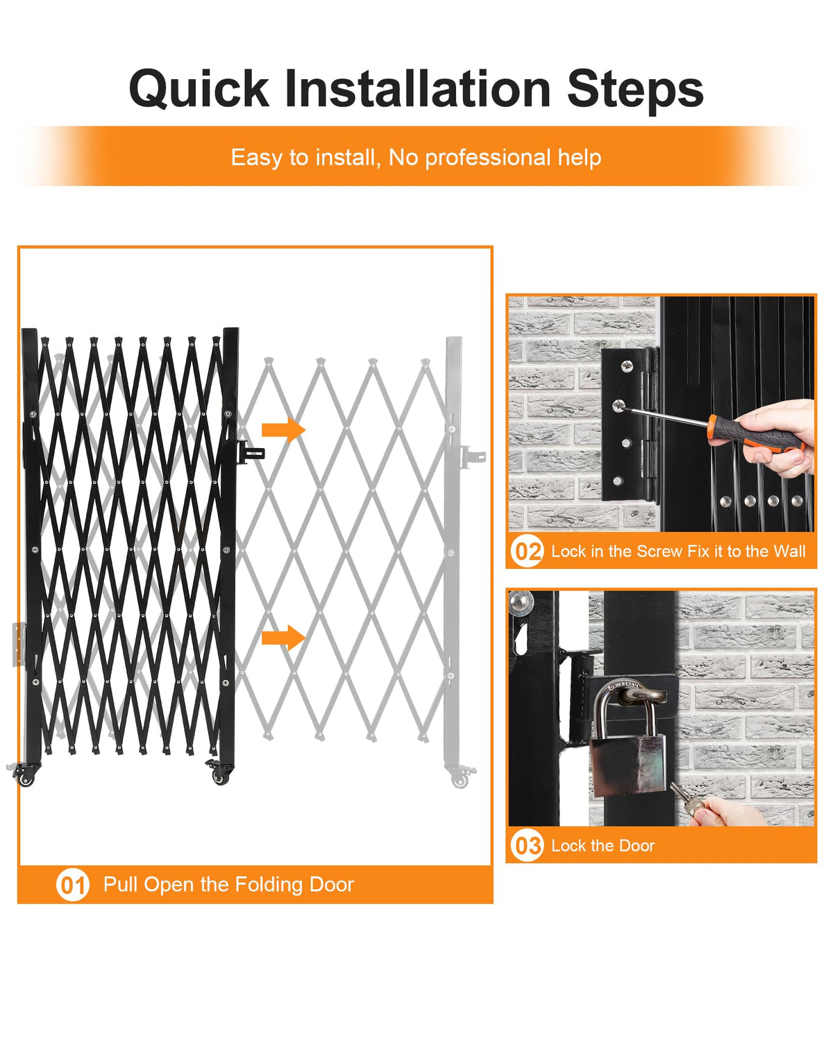 Single Folding Security Gate, 61" H x 71" W Flexible Expanding Security Gate, Folding Driveway Door Gate, Aluminum Security Gate, 360°Rolling Barricade Gate, Scissor Gate or Door, Black