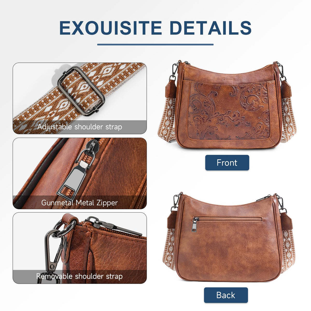 VIMUTI Crossbody Bags for Women,Vegan Leather Crossbody Purse with Adjustable Strap Embossed Flower Women's Shoulder Handbags (01-Brown)