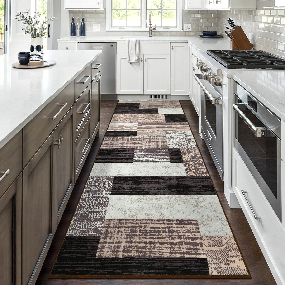 Indoor Runner Rug, Washable Runner Rug with Rubber Backing, Modern Geometric Patchwork Aesthetic Carpet for Bedroom, Living Room, Hallway, Entryway, Washable Rug Rockwood Collection, 2x6 Ft Chocolate