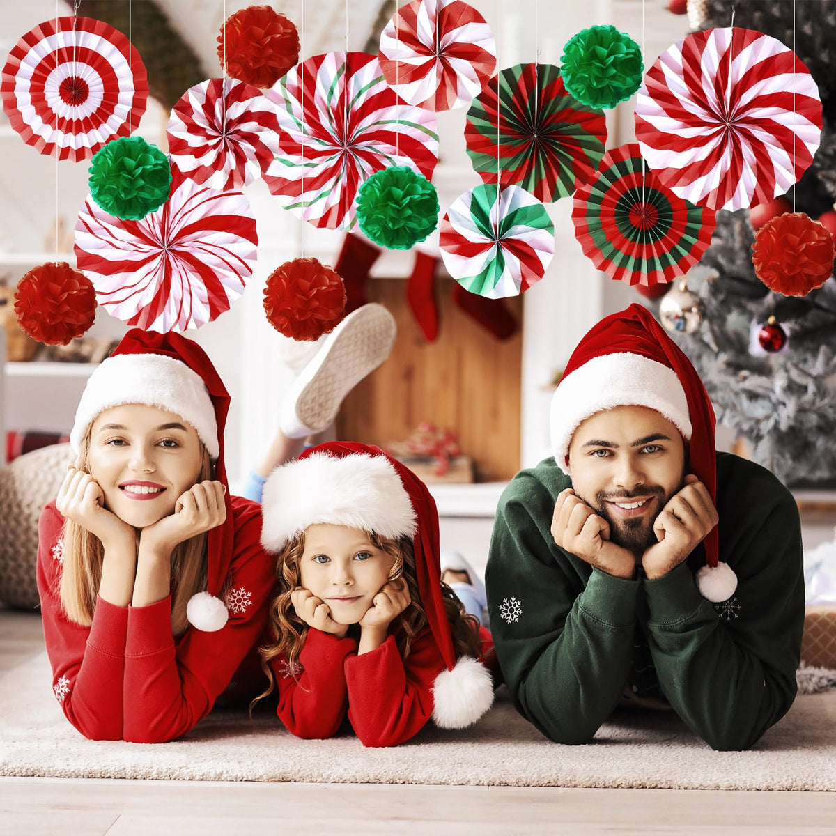 Outus 21 Pcs Christmas Candy Hanging Paper Fans Peppermint Christmas Banners Xmas Classroom Ceiling Decorations Tissue Poms Honeycomb Ball Ornaments for Birthday Wall Decor Supplies(Classic)