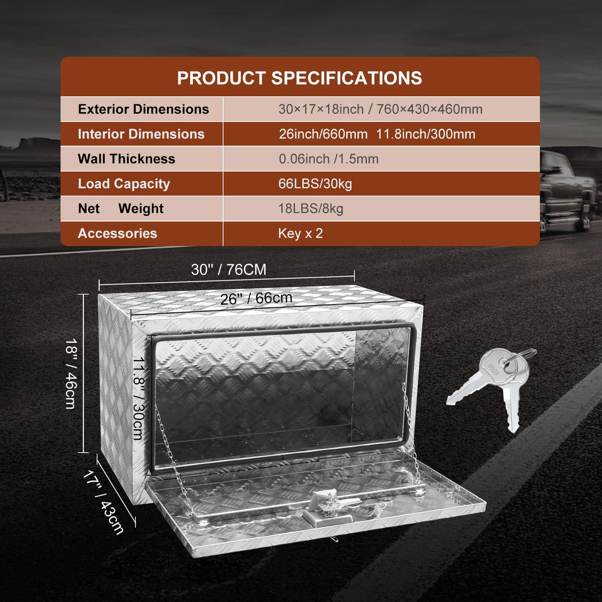 VEVOR Underbody Truck Box, 30"×17"×18" Pickup Storage Box, Heavy Duty Aluminum Diamond Plate Tool Box with Lock and Keys, Waterproof Trailer Storage Box with T-Handle Latch for Truck, Van, Trailer