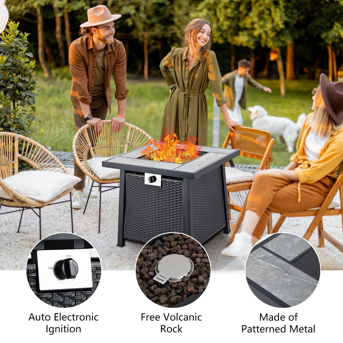 28 Inch Gas Fire Pit Outdoor Firepit Table, 50000BTU Rectangle Propane Fire Table with Lid & Lava Rock for Outside Garden Backyard Deck Patio, CSA Safety Certified