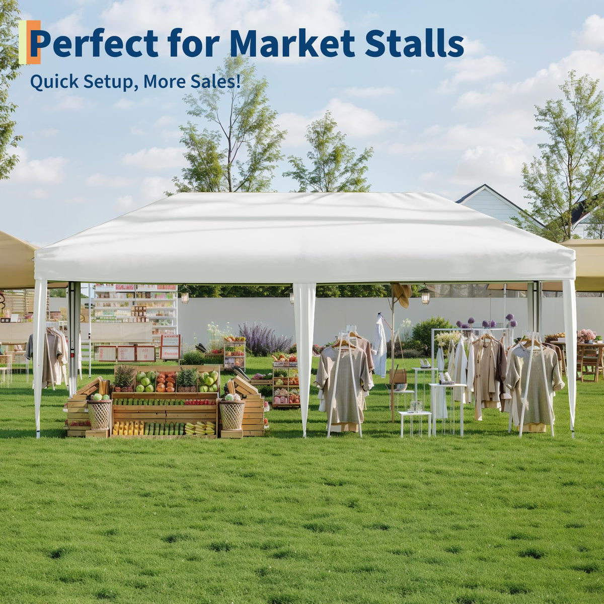 GarveeLife 10x20 Pop Up Canopy with 6 Sidewalls - Heavy Duty Outdoor Canopy Tent with Portable Roller Bag - 3 Adjustable Height, 4 Weight Bags, 8 Stakes & 6 Guy Ropes Included, Blue