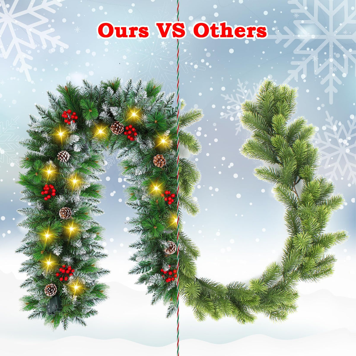 Christmas Garland with Lights - 9FT Pre-Lit Flocked Garland with 30 LED Bulbs, Red Berries, Pine Cones, Artificial Pine Battery Operated Garland for Fireplace, Staircase, Indoor & Outdoor Decoration