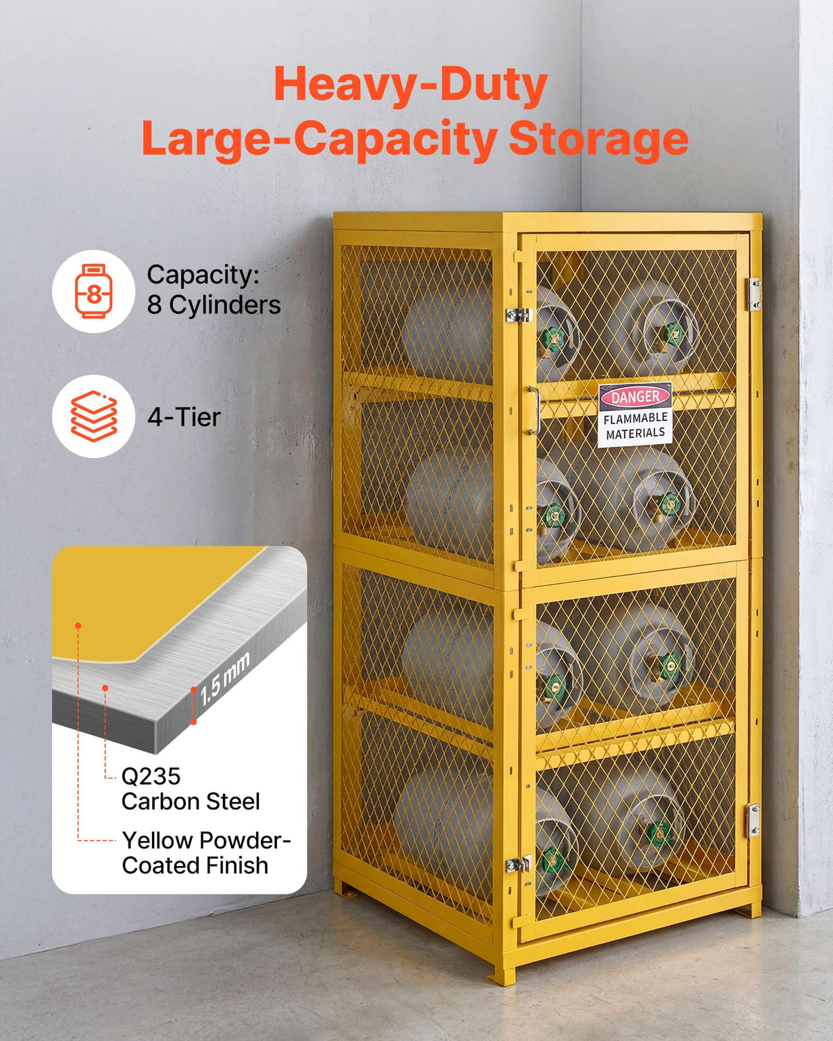 VEVOR Horizontal Cylinder Storage Cabinet, 30"L x 30"W x 70.3"H, 8 Cylinder Capacity, 4-Tier Propane Storage Cage, with Lock and Keys, Yellow Powder-Coated Carbon Steel, for Propane, Oxygen, Nitrogen
