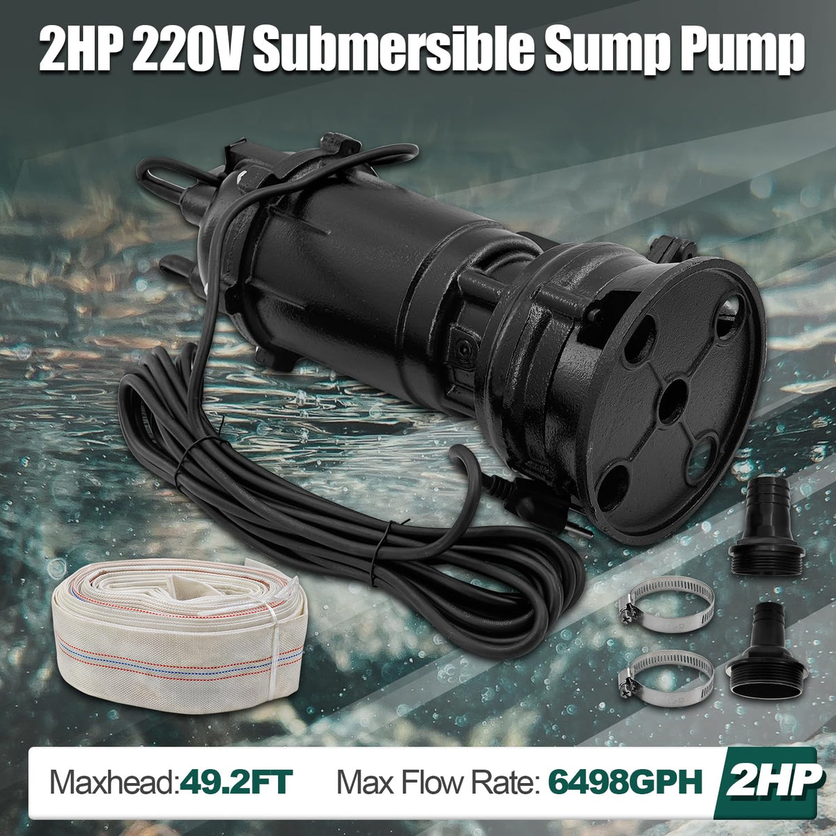 Dewinston 2HP 220V Submersible Sump Pump, 6498GPH Cast Iron Sewage/Effluent Pump 1500w with Automatic Float Switch and 66ft Hose for Sump Basin, Basement, Residential Sewage, 2'' NPT Discharge