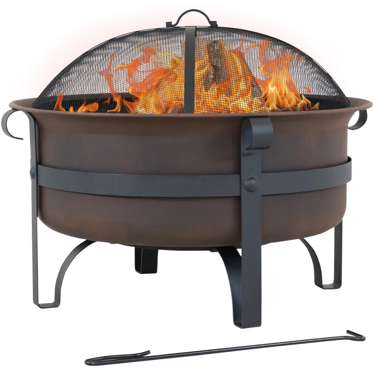Sunnydaze Cauldron Wood-Burning Outdoor Fire Pit for Patio and Backyard - Round Steel Outside Firepit Bowl with Cover, Removable Ash Pan, Spark Screen, and Poker Tool - Dark Bronze - 29"