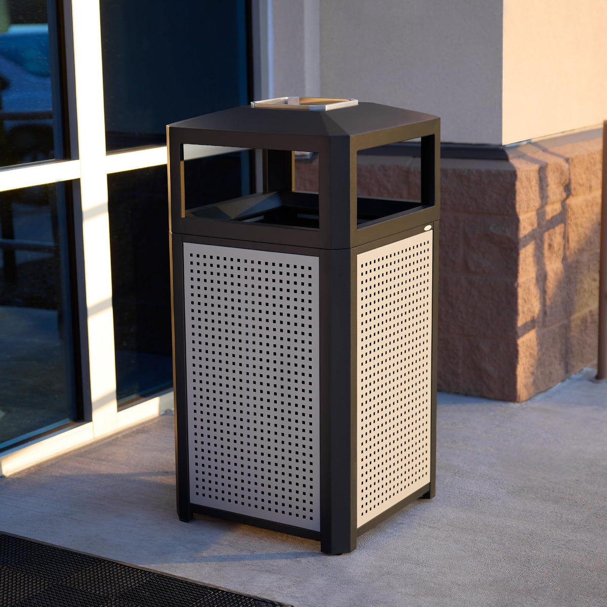 Safco Evos Steel Trash Can, 38 Gallons, Indoor and Outdoor Use, Commercial Garbage Can with Plastic Liner and Ashtray
