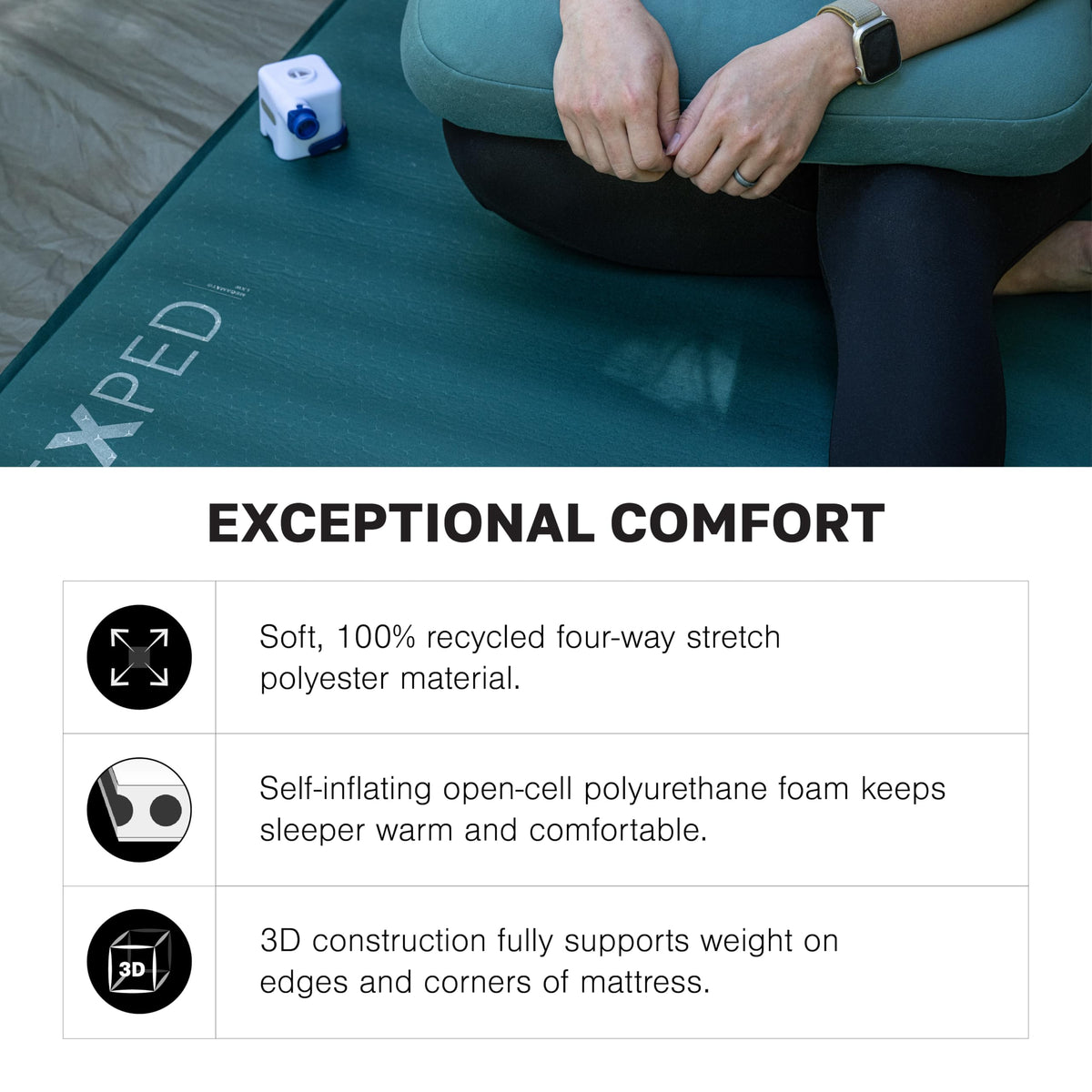 Exped MegaMat Duo Medium - Self Inflating Soft Car Sleeping Mat, 4” Foam Pad, Pump Included