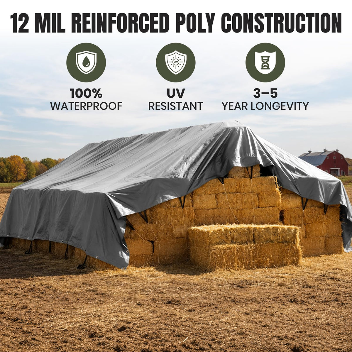 Tarps Now | Heavy Duty Waterproof Hay Tarp 25' x 33' ft | Multipurpose 12 Mil Poly Tarpaulin Sheet Cover | #2 Brass Spur Grommets | Agricultural, Camping Tents & Weather Protection | Silver & Black
