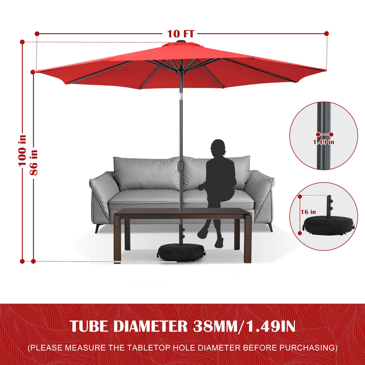 Sundale Outdoor Olefin 5-Year-Non-Fading 10FT Patio Umbrella with Sand Bag Base, Outdoor Umbrella with Tilt and Crank, Red