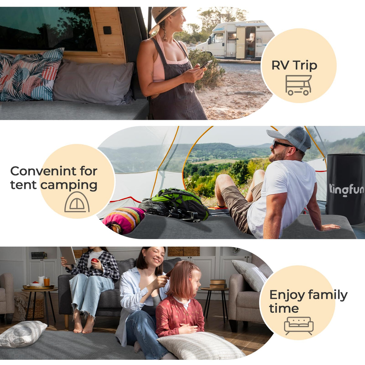 Kingfun 3 Inch CertiPUR-US Memory Foam Camping Mattress, Waterproof Roll up Sleeping Pad for Adults, Comfortable Thick Floor Sleeping Mats for Car Truck Tent with Removable Travel Bag