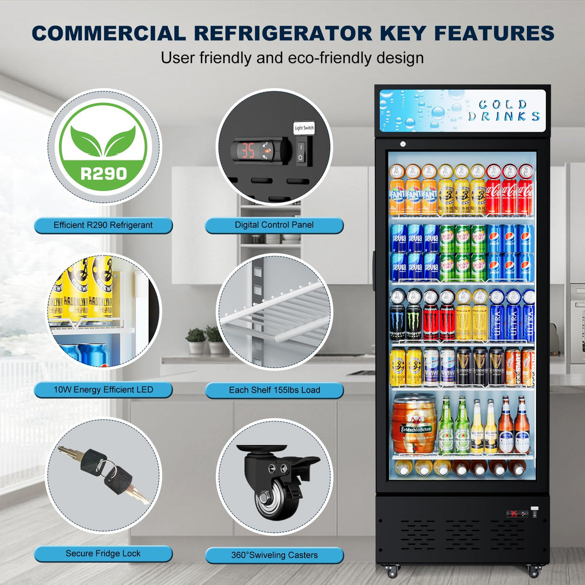 ECEVT 25.7'' W Commercial Refrigerators with Glass Door, 15 Cu.ft. Beverage Refrigerators Commercial Fridge Upright Display Cooler with Soft LED Light and Adjustable Shelves for Restaurant Stores