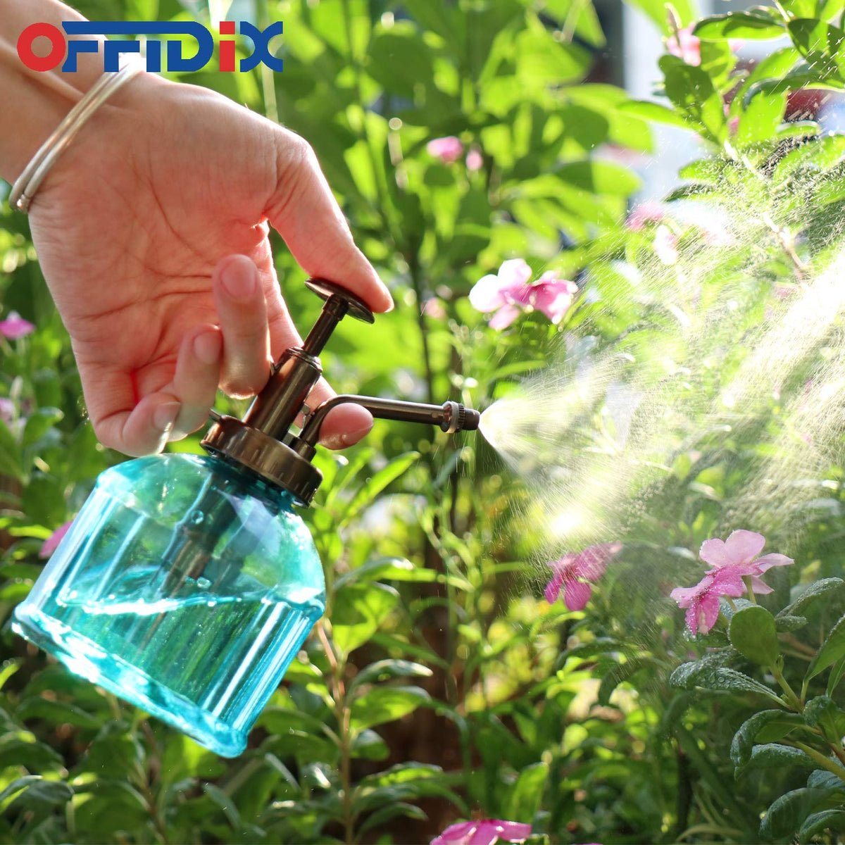 OFFIDIX Glass Spray Bottle,Flower Mister Watering Can Pot 6.3" Tall Spritzer Bronze Plastic Top Pump One Hand Watering Can Indoor Plant Mister Spray Bottle for Garden, Plants, Cleaning