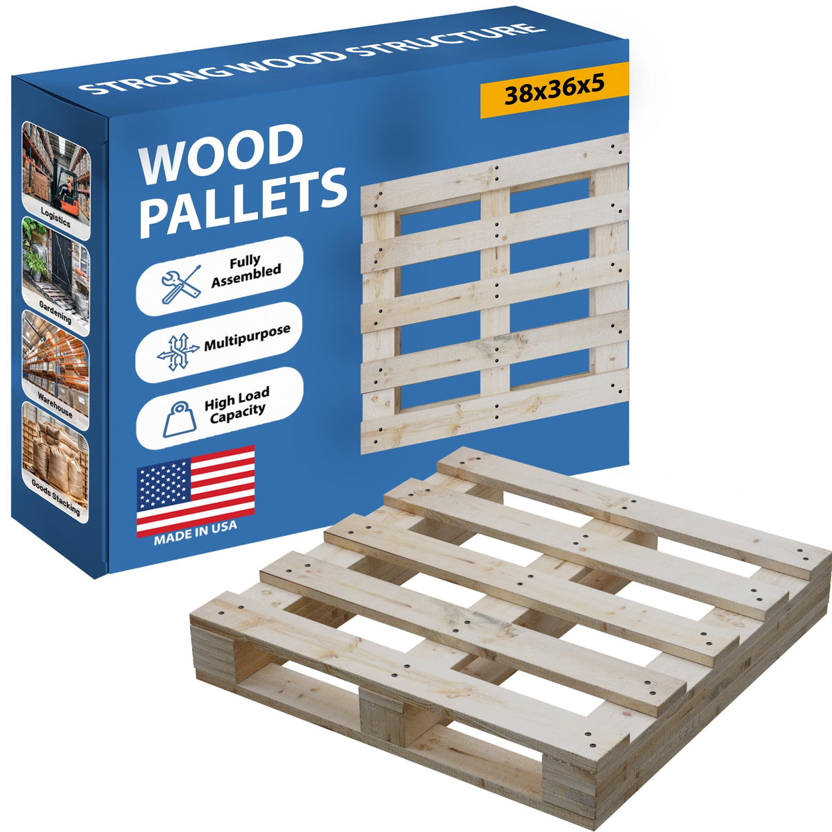 Greaton, Wooden Pallets, Easy for Commercial Use, Strong Sturdy Structure, 38x36x5, 2 Pcs, Wood Finish