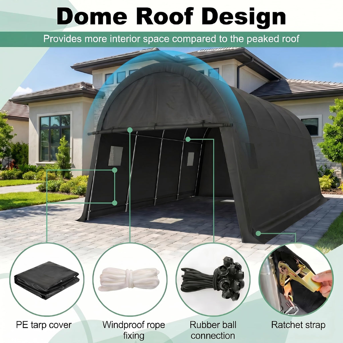 COBIZI Carport 10x15 Heavy Duty Portable Garage Storage Shelter Shed with All-Steel Metal Frame & Vents, Anti-Snow Waterproof Round Style Outdoor Storage Shed for Car, Truck, Boat, Patio Furniture