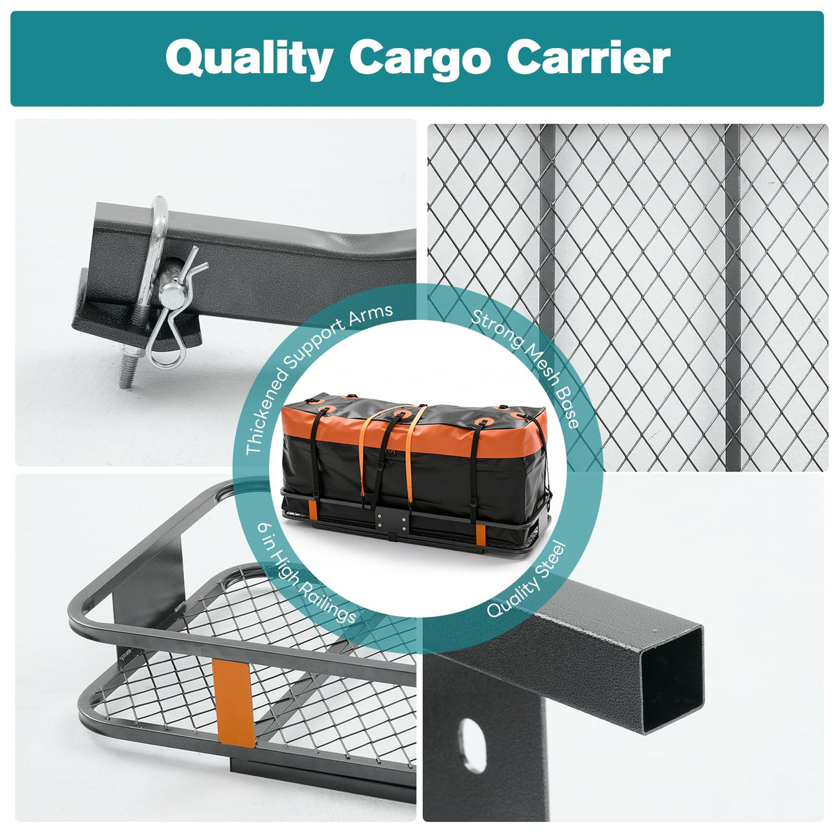 OLIXIS Folding Hitch Mount Cargo Carrier Basket 60x21x6 with Waterproof Luggage Bag, 500 Lbs Capacity Cargo Basket with Hitch Stabilizer, 16 Cubic Feet, Straps, Net