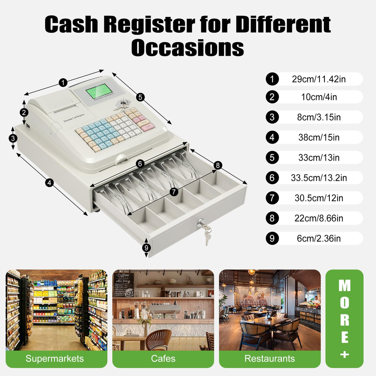 48-Key Electronic Cash Register, 8-Digit LED Display Thermal Receipt Printing Cash Registe POS Bill Coins System w/ 4 Bill 5 Coin Cash Tray for Business Retail Restaurant
