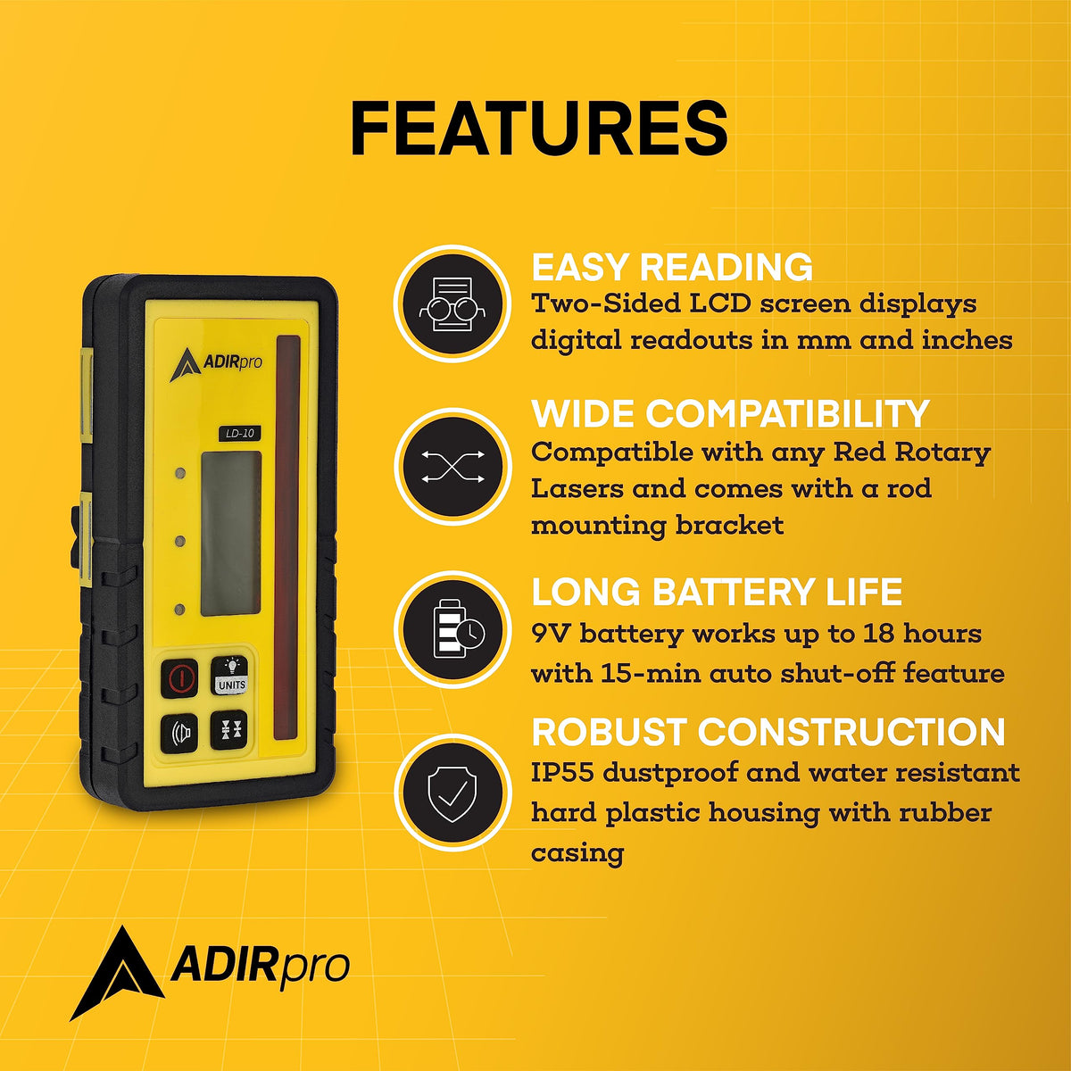Adir Universal Rotary Laser Detector with Rod Clamp, Digital Laser Receiver with Dual LCD Display for Adir, Spectra, Leica, and Other Top Brand Rotary Red Lasers, 300m Range (LD-10)
