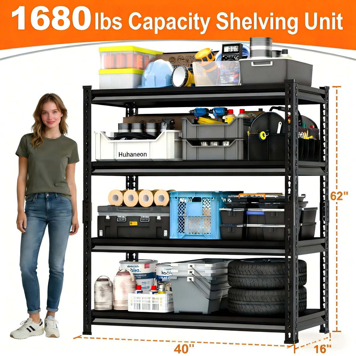 Huhaneon Metal Garage Shelving for Storage - 40'' W 1,680 Lbs Heavy Duty 4 Tier Utility Shelves Freestanding - Adjustable Rack Units for Basement Pantry Kitchen - 40" W x 16" D x 62" H Black