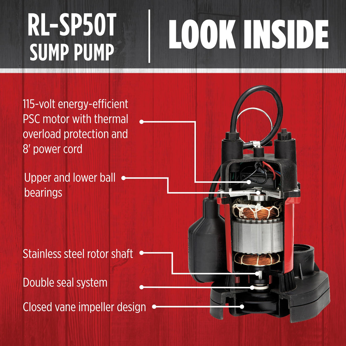 Red Lion RL-SP50T 115-Volt, 1/2 HP, 3600 GPH Aluminum and Thermoplastic Sump Pump with Tethered Switch and 8-Ft. Cord, Red, 14942742