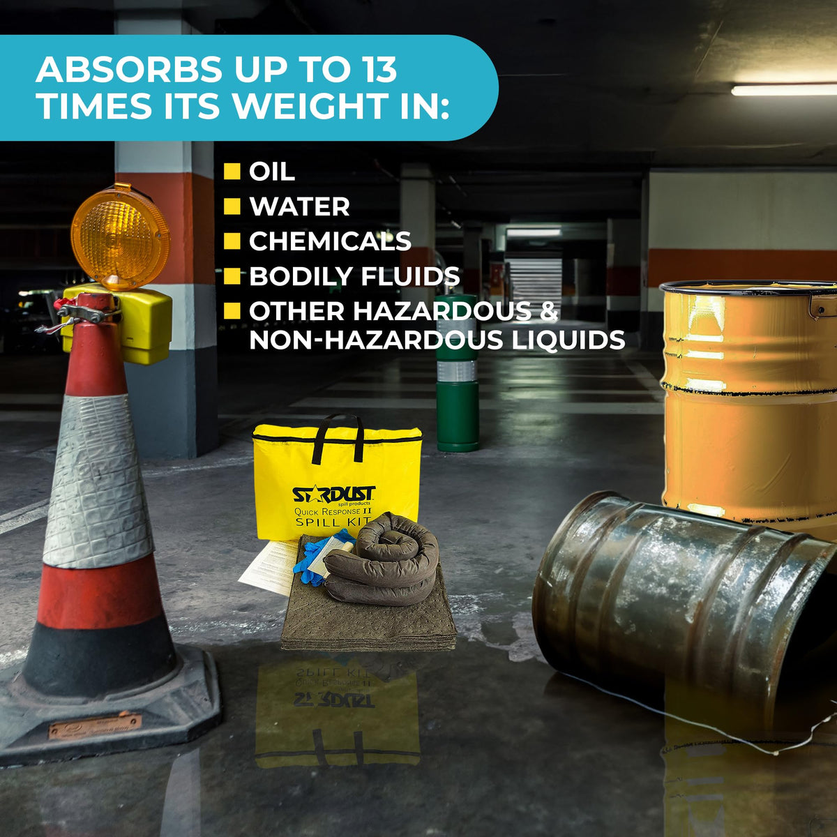 Stardust Spill Products Universal Spill Kit – OSHA Compliant Solution for Vehicles, Industrial, & Restaurant Use, Emergency Response Chemical, Water, & Bodily Fluid Cleanup, 12-Pack