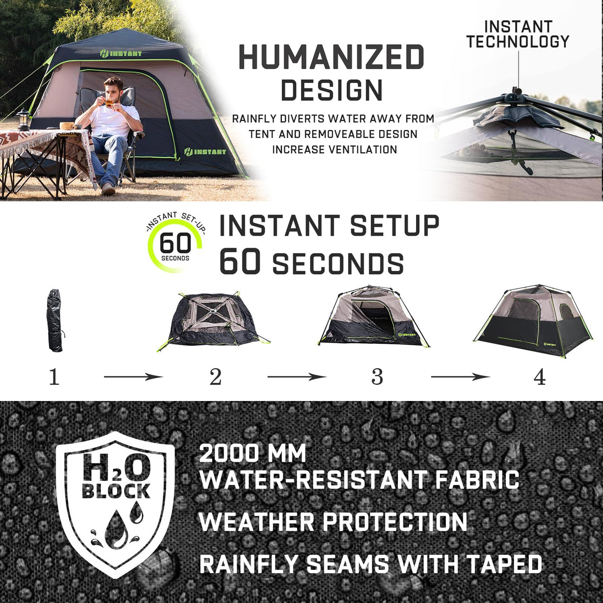 HINSTANT 4/6/8/10 Person Instant Tent, Waterproof Pop Up Tents for Camping with Rainfly, 60 Seconds Easy Setup, Automatic Cabin Tent for Family Camping with Expandable Carry Bag & Upgraded Ventilation